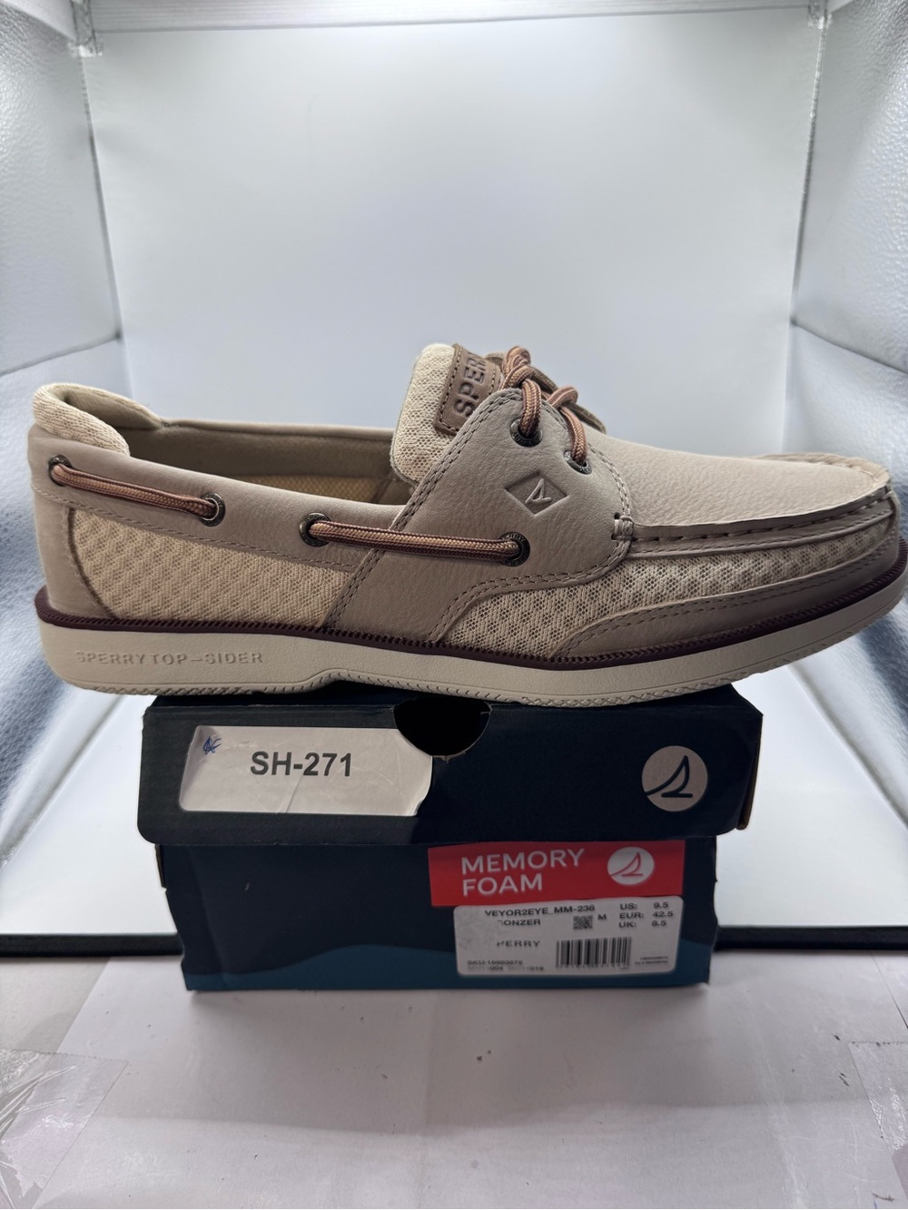 Sperry Men’s Light Beige and Brown Mesh & Leather Boat Shoe